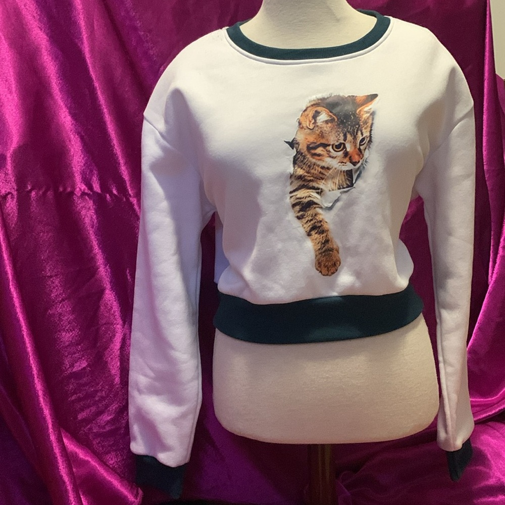 Adorable size S cropped kitty cat sweater. Like new. Super soft!!! Green…